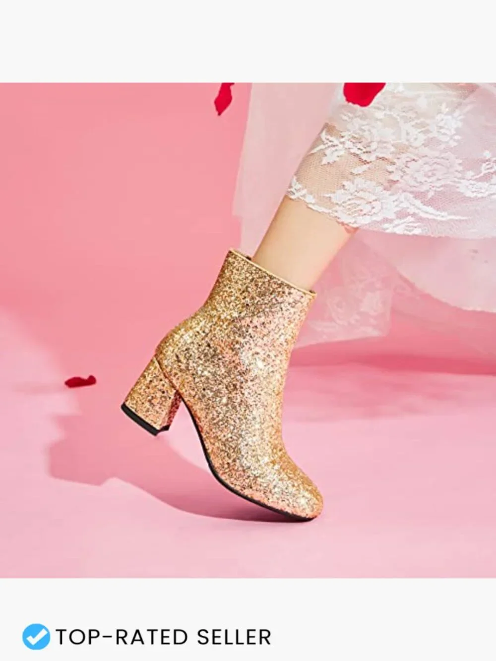 Sequins Glitter Chunky Heel Ankle Boots Block Mid Heels Side Zipper Wedding